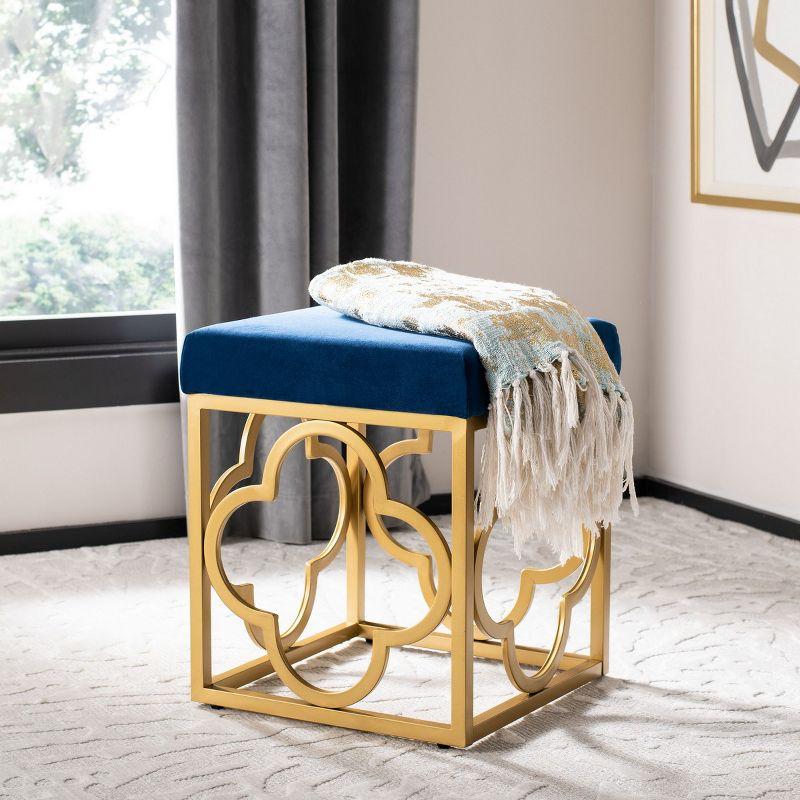 Elegant Navy Velvet Square Ottoman with Gold Quatrefoil Base