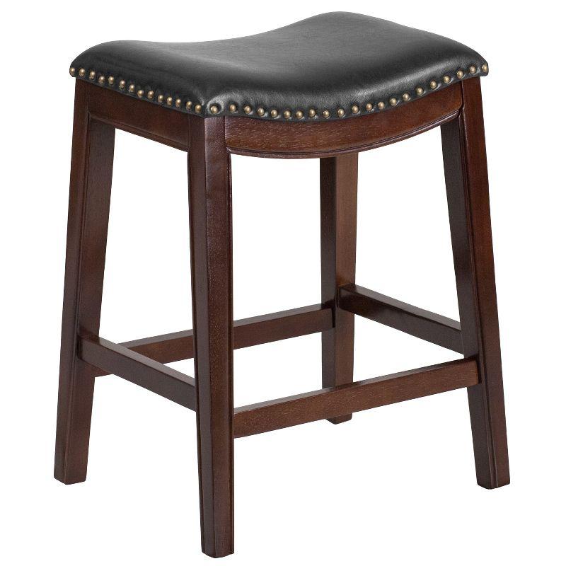 Elegant Backless Black Leather and Cappuccino Wood Counter Stool