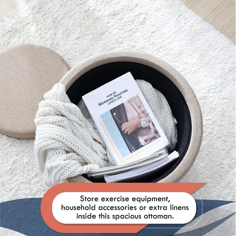 Ornavo Home Lawrence Round Storage Ottoman with Table Top Lid - Velvet Cream