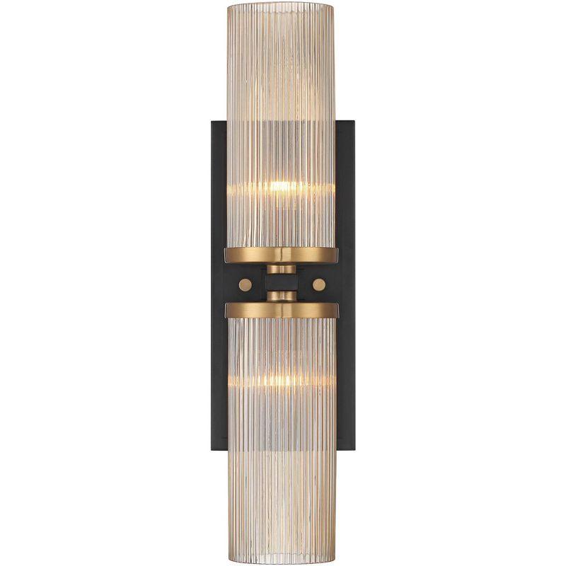 Stiffel Modern Wall Light Sconce Black Brass Hardwired 4 1/4" 2-Light Fixture Ribbed Champagne Glass Shade for Bedroom Bathroom Vanity Living Room