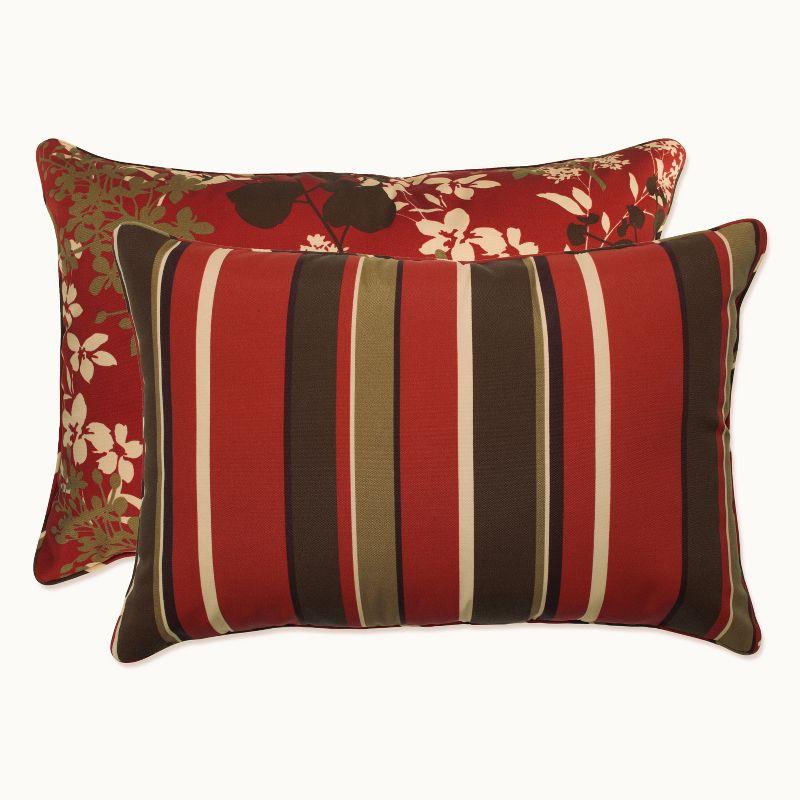 2-Piece Outdoor Reversible Toss Pillow Set - Brown/Red Floral/Stripe 24" - Pillow Perfect