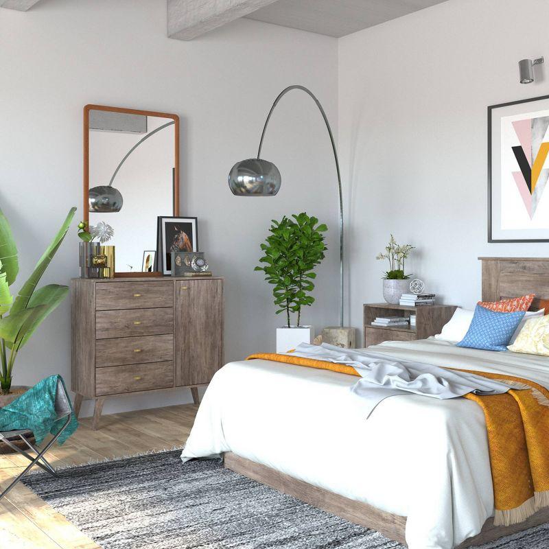 Prepac Milo Mid-Century Modern 4 Drawers Chest with Door Drifted Gray: Laminated Storage, Metal Glides, Adjustable Shelf