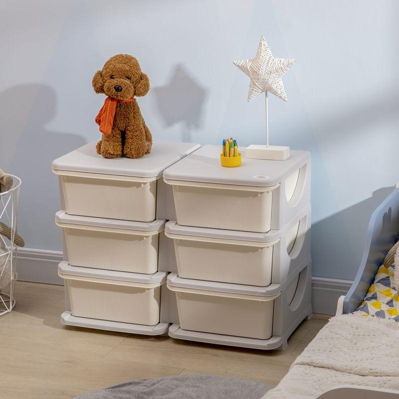 Qaba 3 Tier Kids Storage Unit w/ 6 Drawers Chest Toy Organizer Plastic Bins for Kids Bedroom Nursery Living Room for Boys Girls Toddlers, Cream