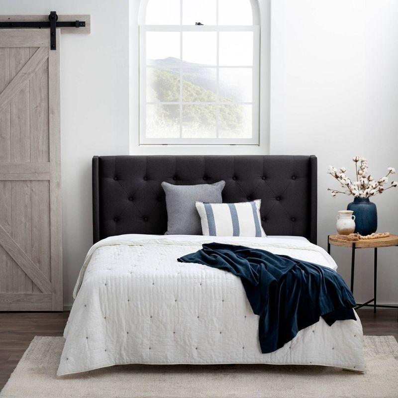 Bella Charcoal Linen-Inspired Tufted Wingback Full Headboard