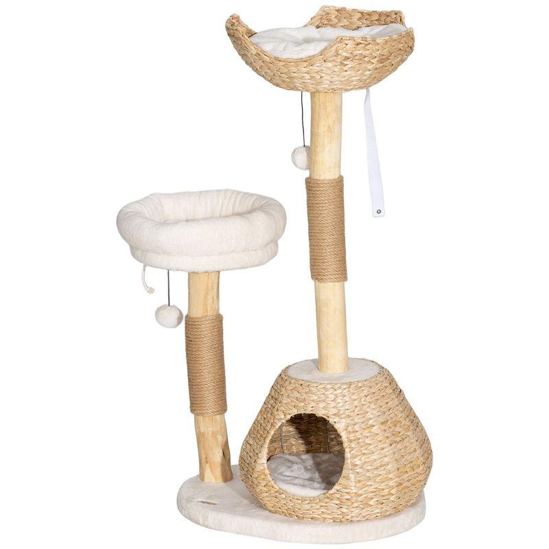 PawHut Cat Tree for Indoor Cats, 41" Cat Tower with Wooden Cat Scratching Posts, Cat Condo, Cat Beds & Toy Balls, Cream White