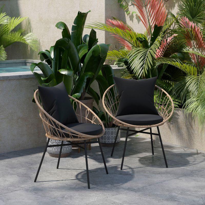 Flash Furniture Devon Set of 2 Indoor/Outdoor Modern Papasan Style Rattan Rope Patio Chairs, PE Rattan with Cushions