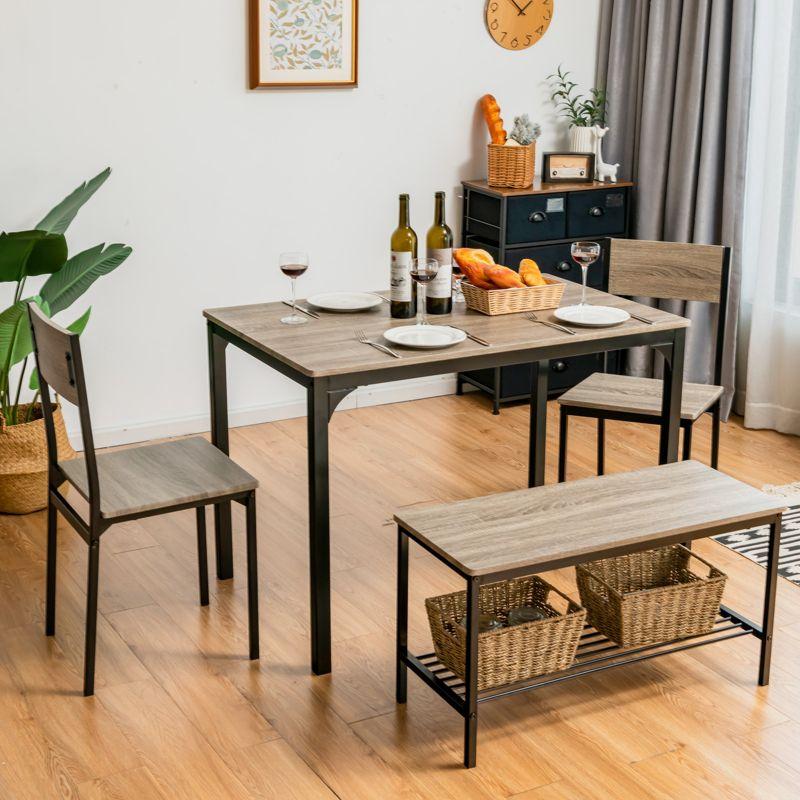 Costway 4pcs Dining Table Set Rustic Desk 2 Chairs & Bench w/ Storage Rack Grey