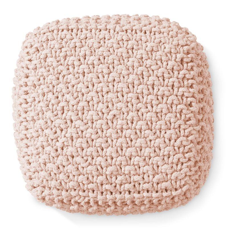 Casafield Square Pouf Ottoman, Light Pink - 18.5" W x 18.5" D x 14.5" H Cotton Knit Foot Stool - Boho Floor Pouffe for Living Room