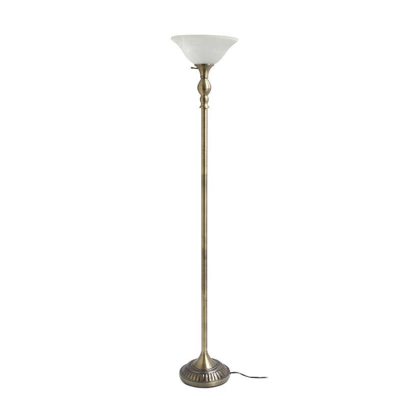 Antique Brass Elegance Torchiere Floor Lamp with Marbleized White Shade