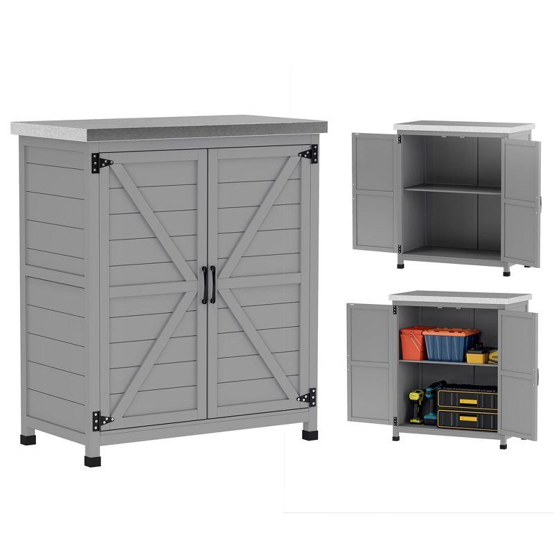 Outsunny Wooden Storage Cabinet, Outdoor Prep Station with Metal Tabletop and Shelf, Patio Storage Cabinet with Double Doors, Gray