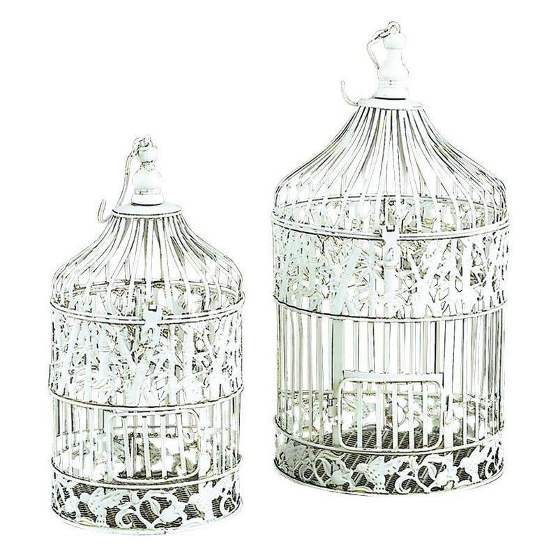 White Iron Floral Design Hanging and Standing Birdcages, Set of 2