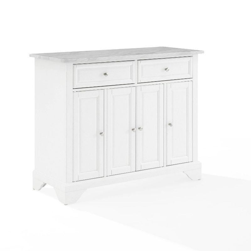 Avery Kitchen Island/Cart Distressed White/White Marble - Crosley: Adjustable Shelves, Particle Board Frame, 6 Shelves, 2 Drawers