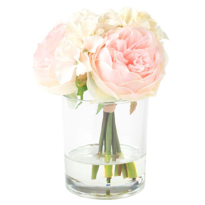 Pink and Cream Rose Hydrangea Bouquet in Clear Glass Vase