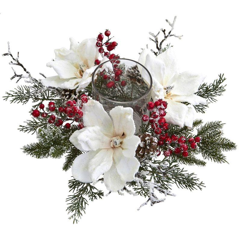 6.5" x 17" Artificial Frosted Magnolia and Berry Plant Arrangement Candelabrum - Nearly Natural: Christmas Decor Centerpiece