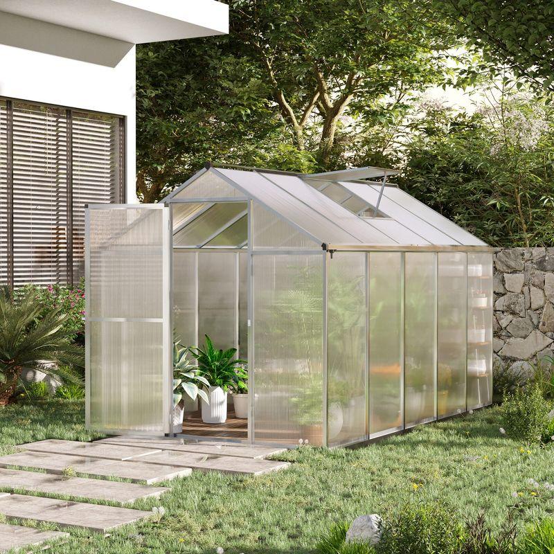 Outsunny Walk-In Polycarbonate Greenhouse with Roof Vent for Ventilation & Rain Gutter, Hobby Greenhouse for Winter