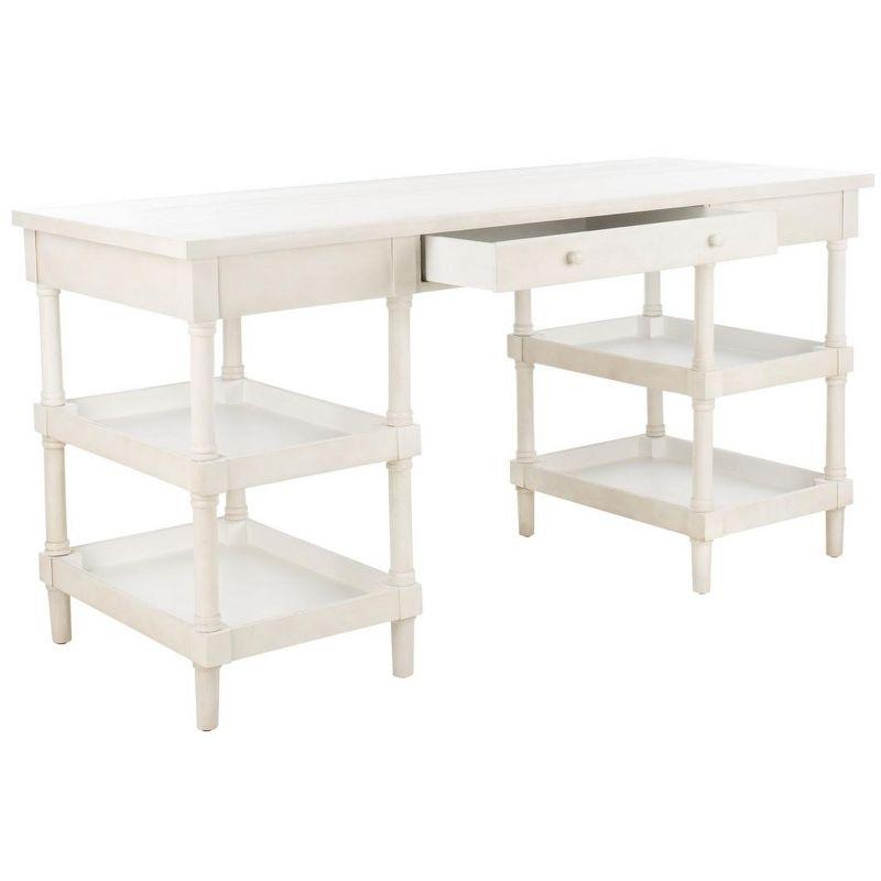 White Washed Wood Writing Desk with Drawer and Shelves