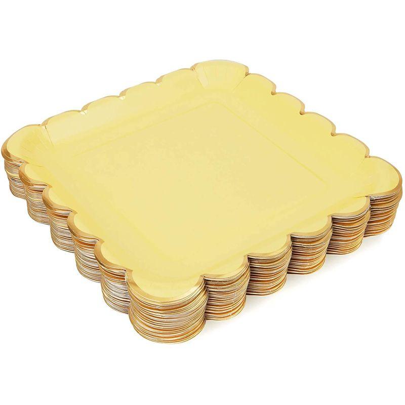 Sparkle and Bash 48-Pack Pastel Yellow Square Disposable Paper Plates, Gold Foil Scalloped Edge 9 In