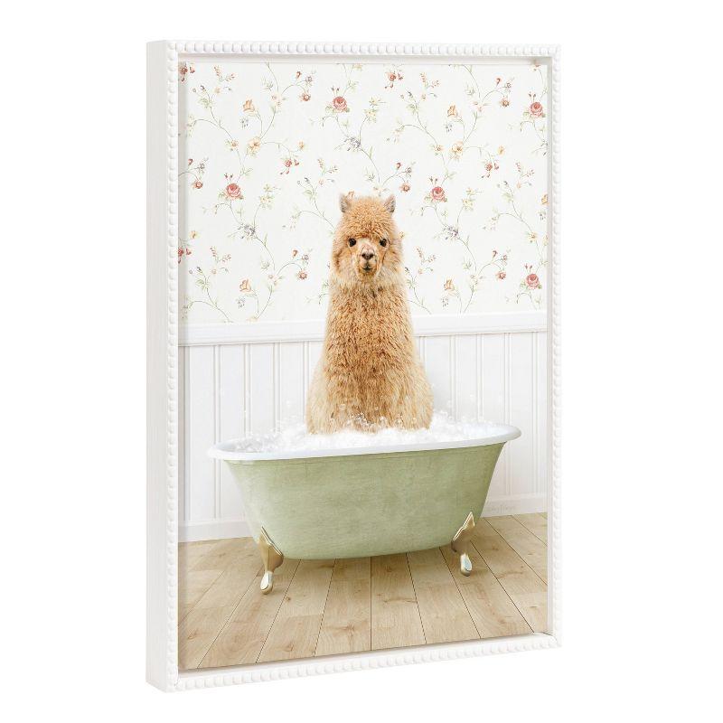 18"x24" White Beaded Frame Baby Alpaca in Bathtub Canvas Art