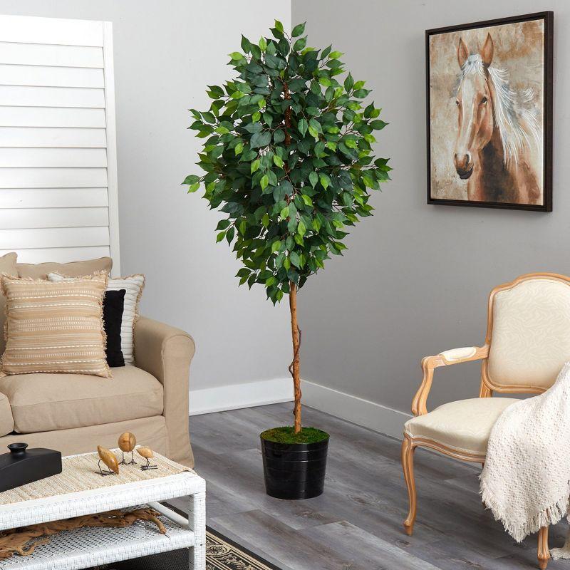 Nearly Natural 74-in Ficus Artificial tree in Black Tin Planter