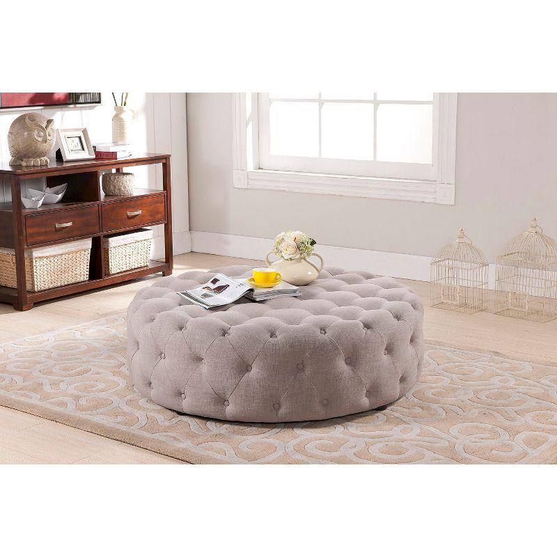 Cardiff Beige Linen 42" Round Tufted Ottoman