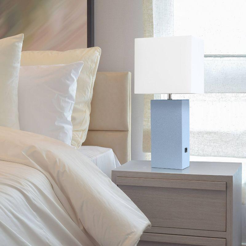 Periwinkle Leather Table Lamp with USB and White Fabric Shade