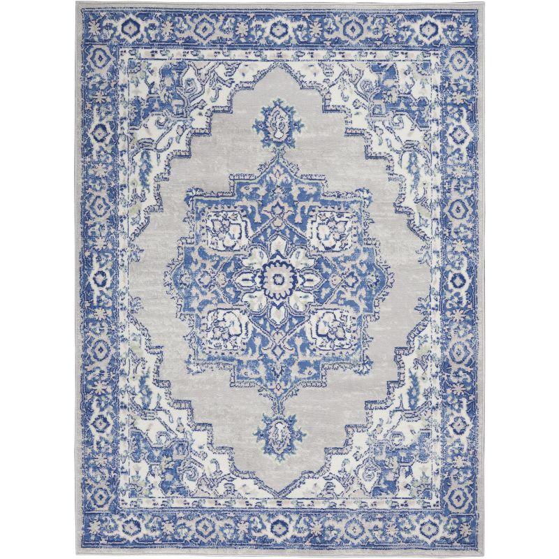 Grey Blue Floral Motif 6' x 9' Easy-Care Synthetic Area Rug