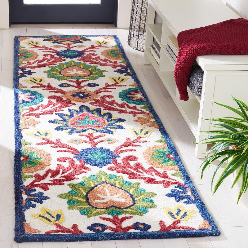 Ivory and Green Floral Wool Runner Rug