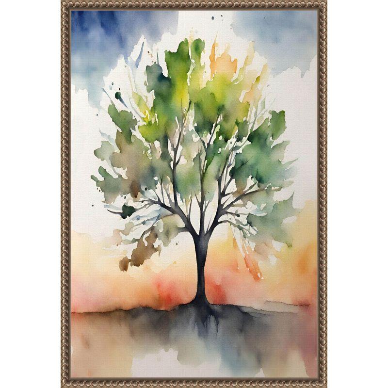 Abstract Green Tree Watercolor Canvas Art in Ornate Frame