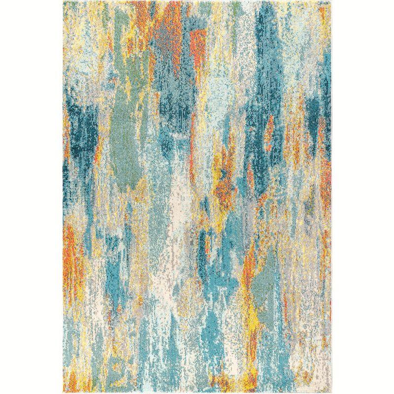 Aqua Splash Abstract 8' x 10' Easy-Care Synthetic Rug in Blue/Cream/Yellow