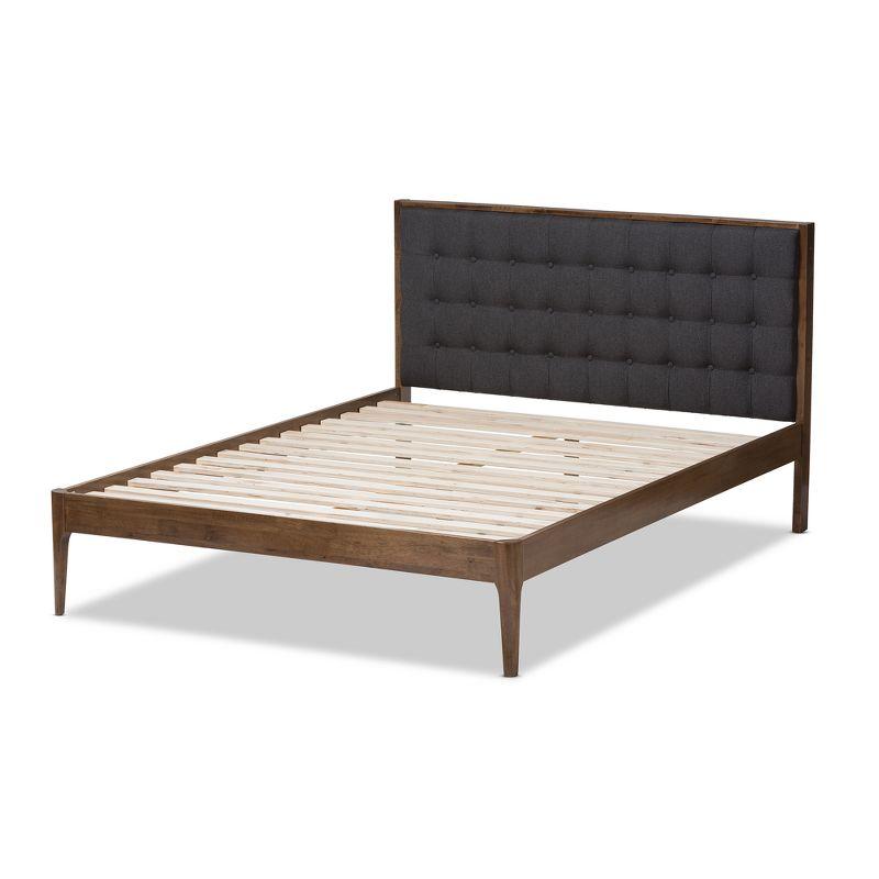 Mid-Century Walnut Queen Platform Bed with Gray Tufted Upholstery