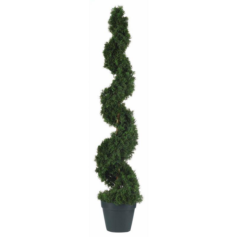 4-Foot Green Spiral Silk Cedar Topiary in Black Pot