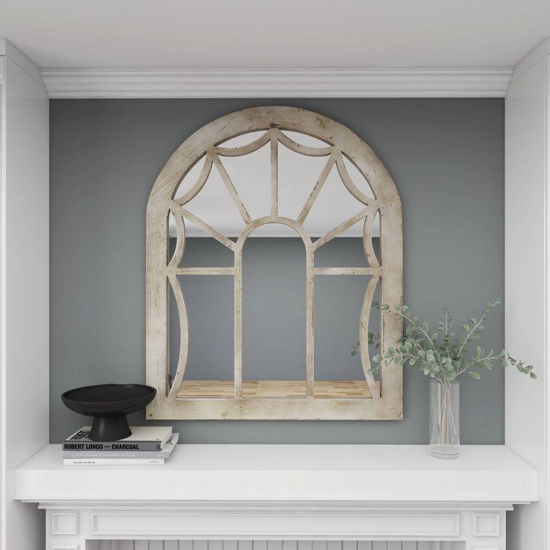 Wood Window Pane Inspired Wall Mirror with Arched Top Cream - Olivia & May: Antique Finish, No Assembly, Spot Clean