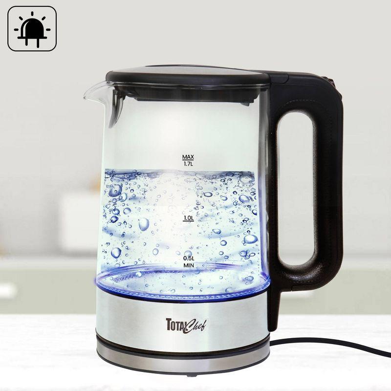 Total Chef Cordless Electric Glass Kettle LED Light 1.8 QT/1.7L: 360° Rotating Base, Automatic Shut-Off, 1100W, Water Boiler