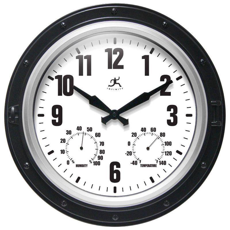 16" Forecaster Wall Clock Silver - Infinity Instruments: Modern Analog, Outdoor Use, Thermometer Feature