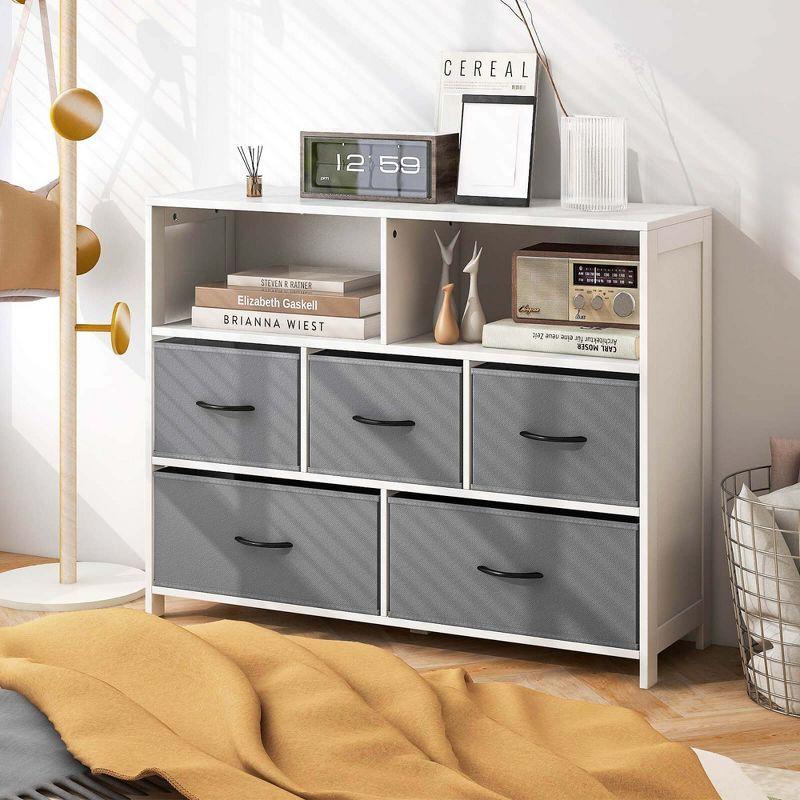 White and Gray 5-Drawer Dresser with Fabric Bins