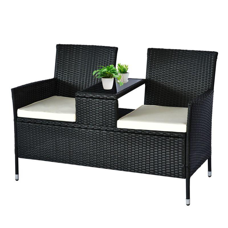 Outsunny Patio Wicker Conversation Furniture Set, Outdoor Rattan 2-Seater Chair, Modern Loveseat w/ Cushions & Tempered Glass Top Coffee Table for Garden, Lawn, Backyard