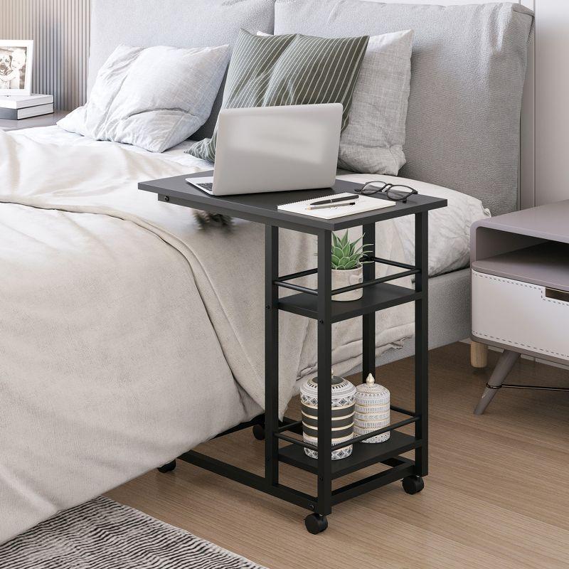 HOMCOM C Shaped End Table with Storage Shelves, Mobile Side Table with Wheels for Sofa Couch, Bed, Metal Frame