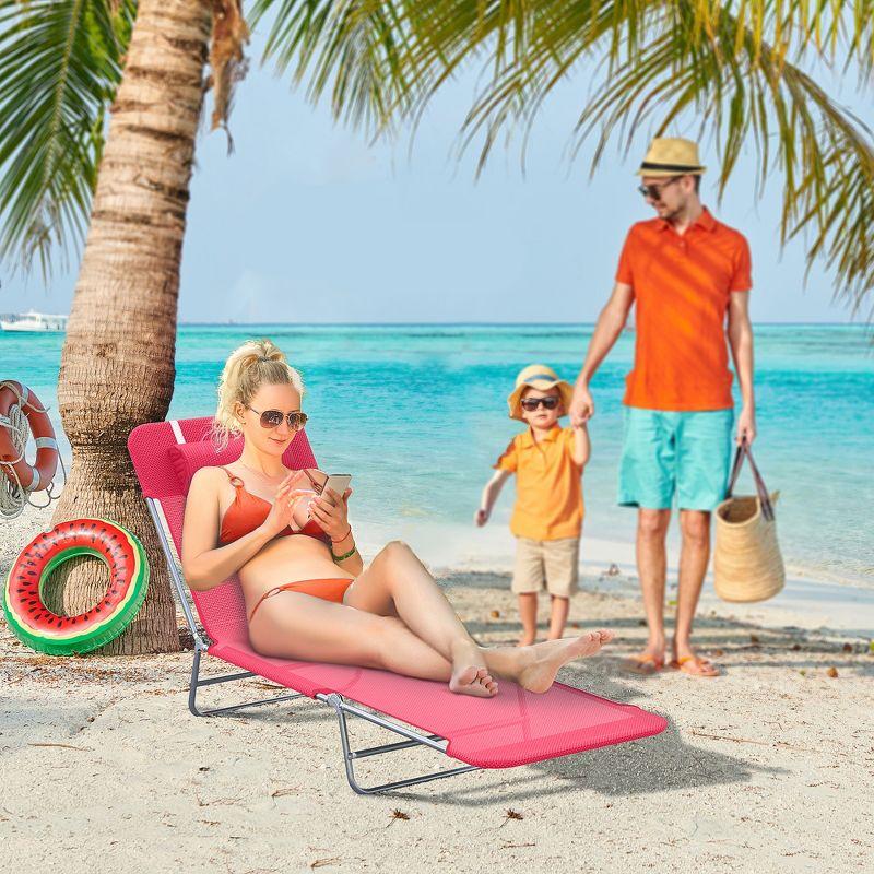 Outsunny Foldable Outdoor Chaise Lounge Chair, 5-Level Reclining Camping Tanning Chair with Breathable Mesh Fabric and Headrest, Pink