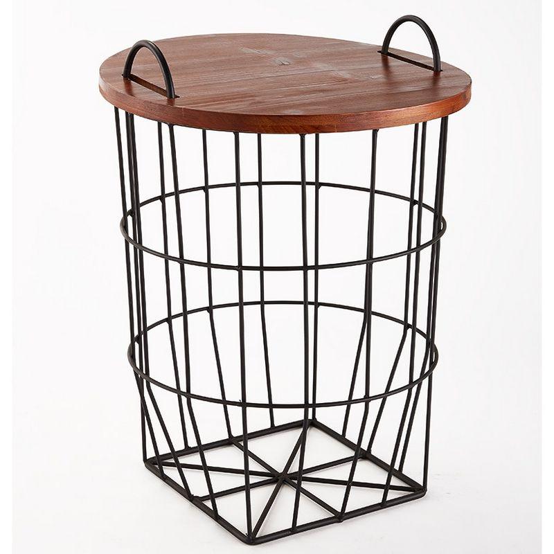 The Lakeside Collection Metal Storage Basket Side Table with Carrying Handles and Wooden Lid