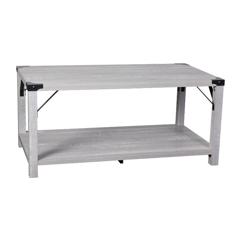 Flash Furniture Wyatt Modern Farmhouse Wooden 2 Tier Coffee Table with Black Metal Corner Accents and Cross Bracing, Aspen Gray