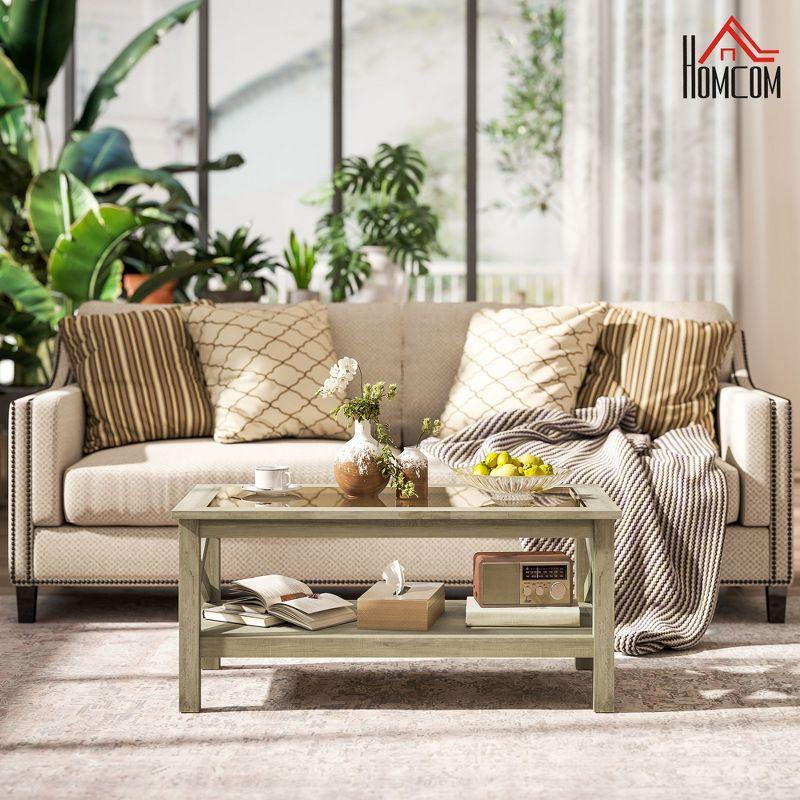 HOMCOM Farmhouse Style Coffee Table with Wood Frame, Tempered Glass Tabletop and Underneath Storage Shelf for Living Room, Gray