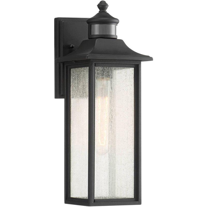 Black Mission Style Outdoor Wall Light with Seeded Glass