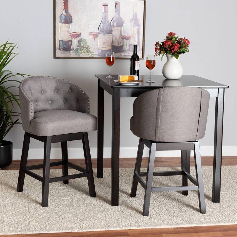 2pc Theron Fabric and Wood Swivel Counter Height Barstool Set Gray/Espresso Brown - Baxton Studio