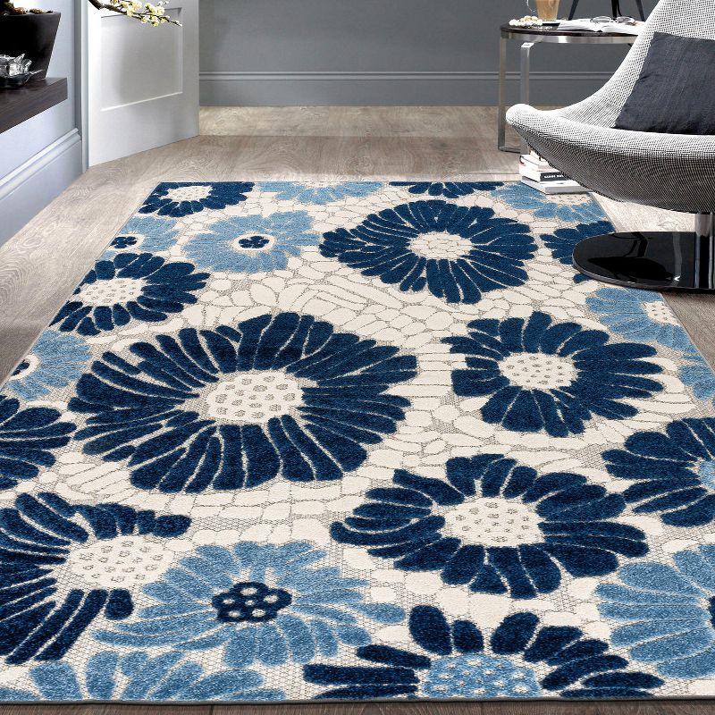 World Rug Gallery Palermo Modern Floral Indoor/Outdoor Area Rug - Navy 5' x 7':  Weather-Resistant,  Low Pile,  Botanical Pattern
