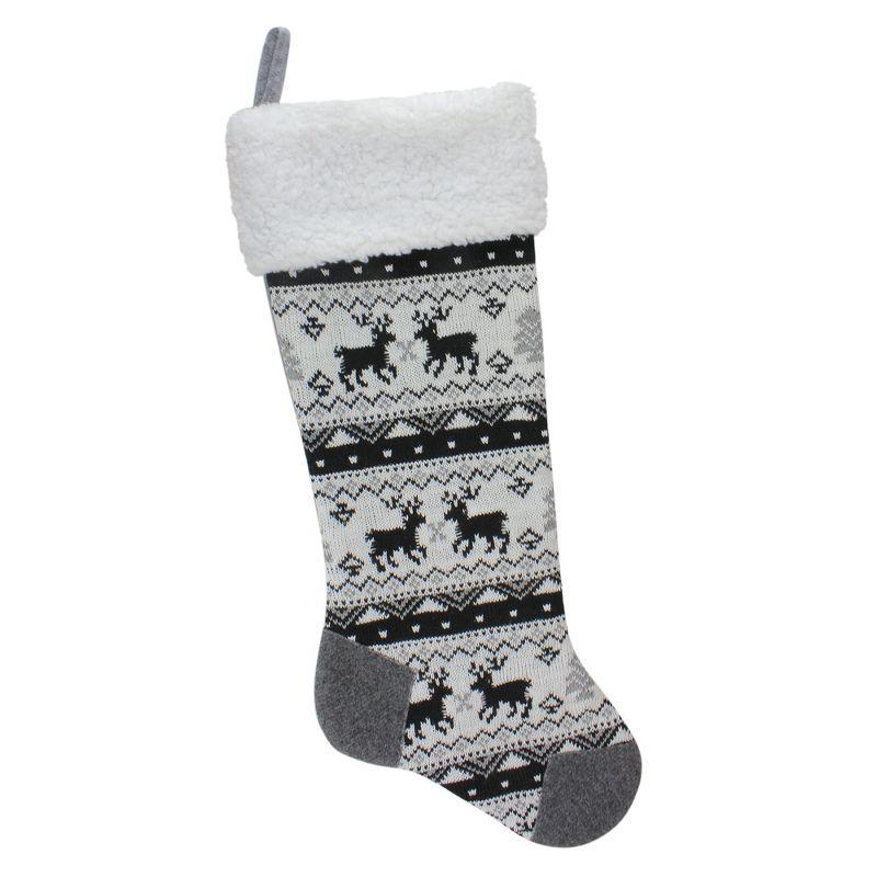 21" Black Gray and White Rustic Lodge Knit Christmas Stocking with Sherpa Cuff