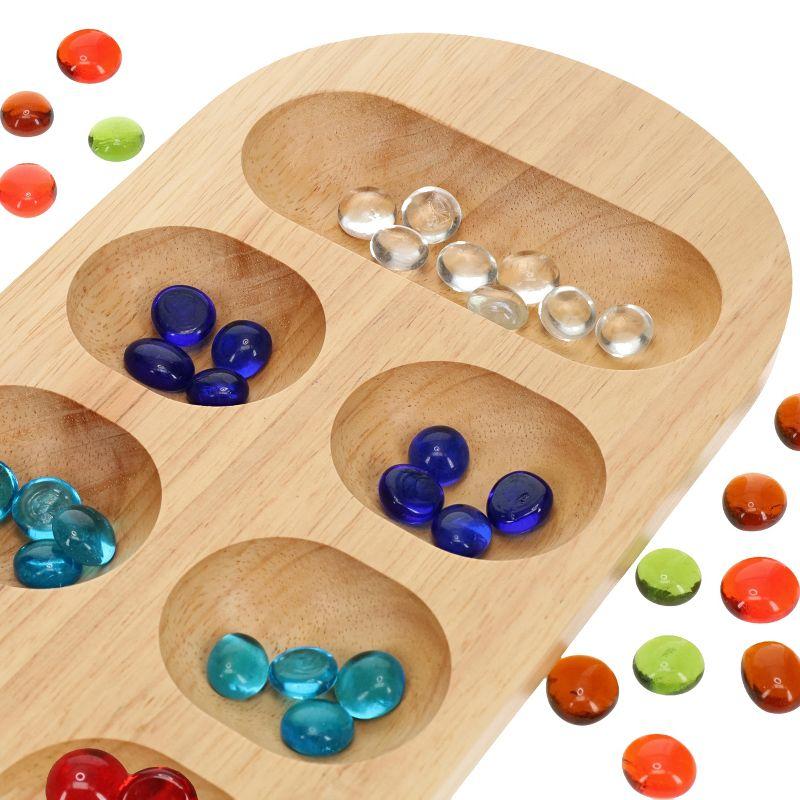 22 Inch Natural Wood Mancala Board Game with Glass Stones