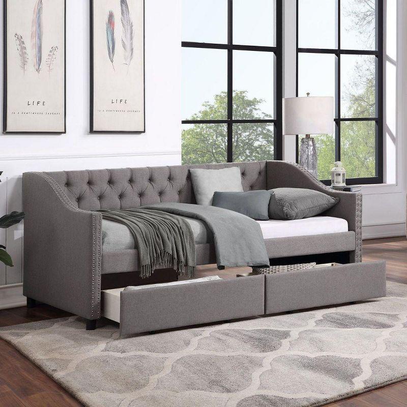 Streamdale Upholstered Twin Size daybed with Two Drawers, Wood Slat Support, Gray