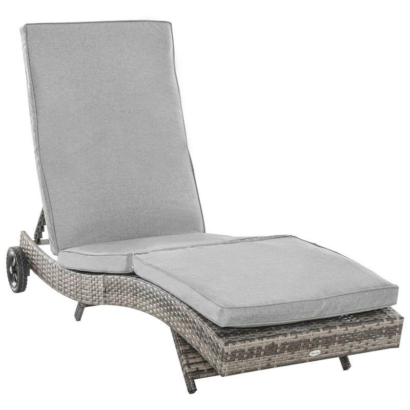 Outsunny Patio Wicker Chaise Lounge Chair, Outdoor PE Rattan Sun lounger w/ 5-Level Adjustable Backrest & 2 Wheels for Easy Movement, Mixed Gray