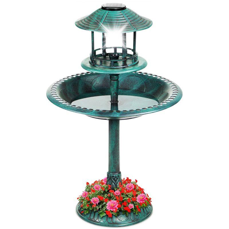 Green Solar-Powered Bird Bath Fountain with Planter Base