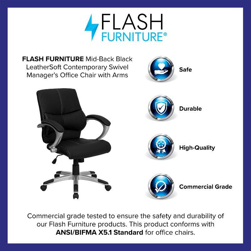 Flash Furniture Bodie Mid-Back Black LeatherSoft Contemporary Swivel Manager's Office Chair with Arms